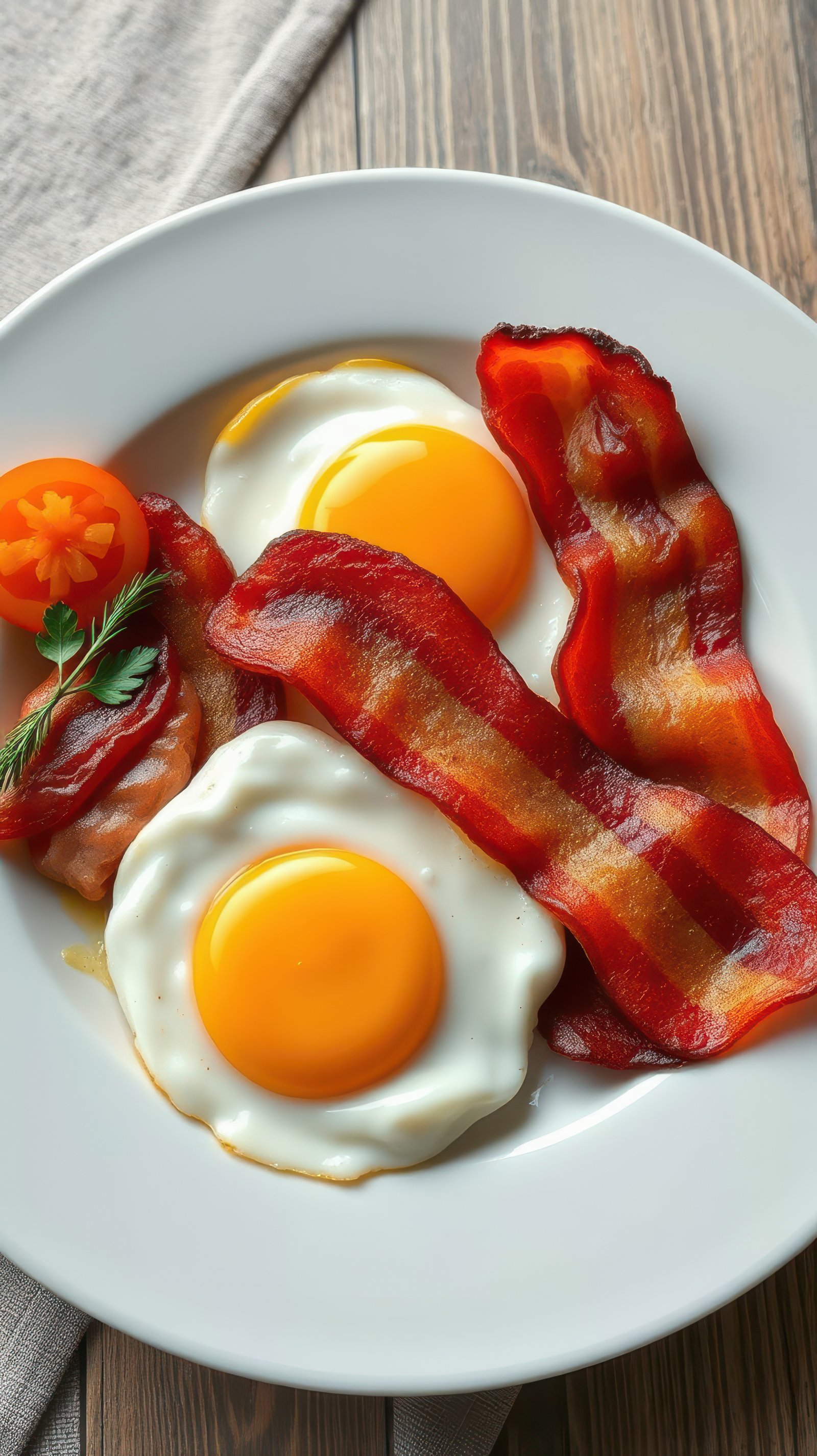 Enjoying a hearty breakfast with eggs and crispy bacon on a rustic wooden table